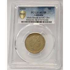 AUSTRALIA 2000 . ONE 1 DOLLAR COIN . ERROR . MULE . STRUCK ON TEN 10 CENTS